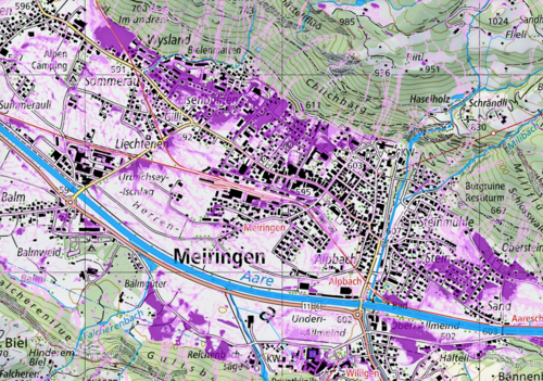 La mappa mostra il rischio di ruscellamento superficiale nel Comune di Meiringen (BE).