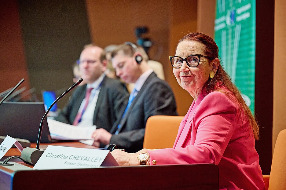 Christine Chevalley durante l'ultima sessione del Congresso a Strasburgo.